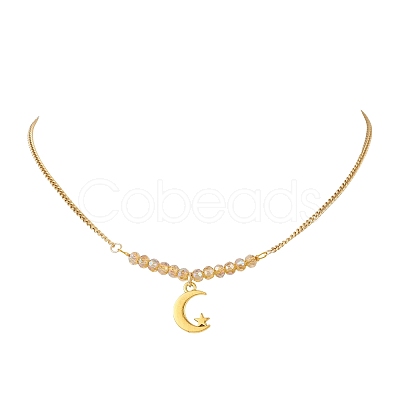 Electroplate Glass Faceted Rondelle Beaded Alloy Pendant 304 Stainless Steel Curb Chain Necklaces for Women NJEW-JN05764-02-1