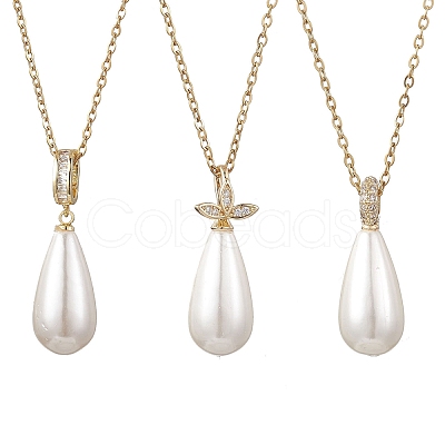 White Teardrop Shell Pearl Pendant 304 Stainless Steel Cable Chain Necklaces for Women NJEW-JN05968-1