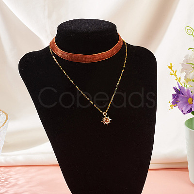 Alloy Resin Sun Pendant Single Face Dark Red Velvet Ribbon & Brass Chain Double Layered Choker Necklaces NJEW-TAC0039-1