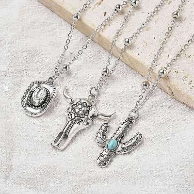 3Pcs 3 Styles Retro Alloy Synthetic Turquoise Cow Head/Cactus/Oval Pendant Satellite Chain Necklace Sets for Women NJEW-B120-01C-1