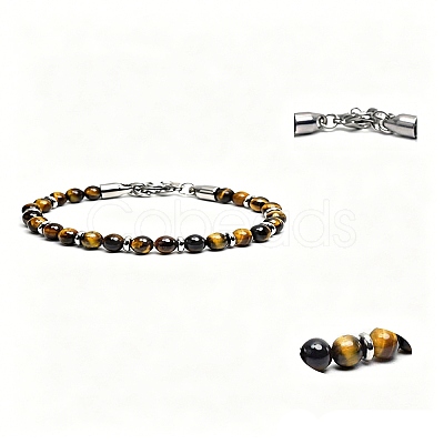 Natural Tiger Eye Round Beaded Bracelets with 304 Stainless Steel Clasps WG47F3F-01-1