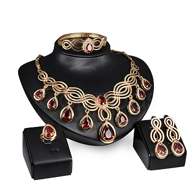 Teardrop Alloy Rhinestone Pendant Necklaces & Stud Dangle Earrings & Bangles & Rings Sets FS-WGBA23F-01-1