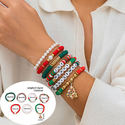 7pcs 7 Styles Christmas Theme Handmade Polymer Clay Hesihi & Imitation Pearl Beads Stretch Bracelet & Handmade Polymer Clay Hesihi Beads Charm Bracelet Set for Women WG289FB-18-1