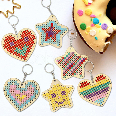 1 Set Wooden Heart Star Keychain Embroidery Beginner Kit DIY-SC0030-07-1