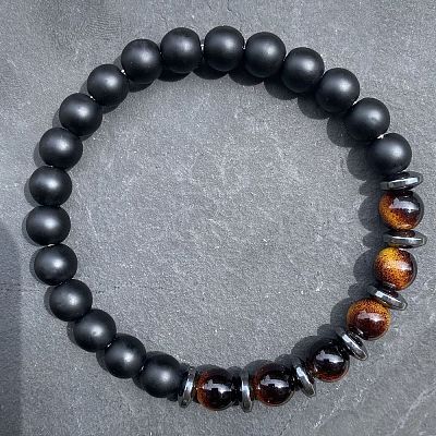 Natural Tiger Eye & Matte Black Obsidian Round Beads Stretch Bracelets for Men Women LS-UT1293-3-1