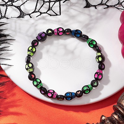 Halloween Acrylic Skull & Heart Pattern Beaded Stretch Bracelets for Women BJEW-JB12580-1