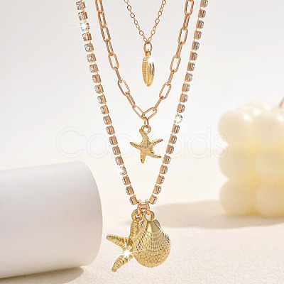 Boho Summber Beach Alloy Crystal Rhinestone Starfish Shell Shape Pendant 3 Layer Necklaces for Women WG7EBB2-01-1