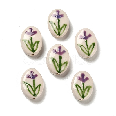 Flower Theme Printed Handmade Porcelain Beads LAMP-D303-06E-04-1