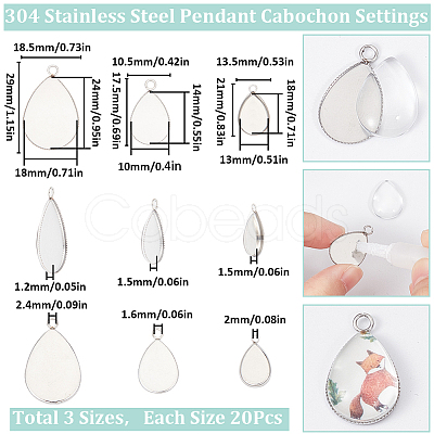 60Pcs 3 Styles 304 Stainless Steel Pendant Cabochon Settings STAS-SC0006-17-1