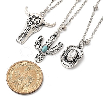 3Pcs 3 Styles Retro Alloy Synthetic Turquoise Cow Head/Cactus/Oval Pendant Satellite Chain Necklace Sets for Women NJEW-B120-01C-1