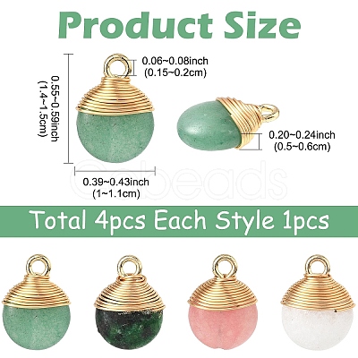 4Pcs 4 Styles Natural White Jade & Green Aventurine & Ruby in Zoisite Flat Round Charms G-YW0002-63-1