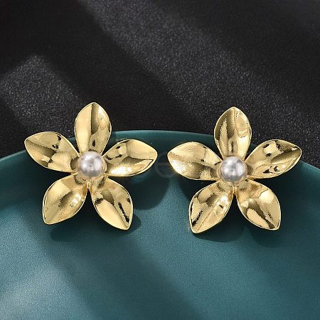 Brass ABS Plastic Imitation Pearl Flower Stud Earrings EJEW-S258-02G-1