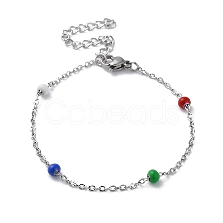 304 Stainless Steel Cable Chain Bracelet with Enamel Rondelle Beaded BJEW-G683-02P-01-1