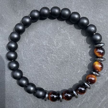 Natural Tiger Eye & Matte Black Obsidian Round Beads Stretch Bracelets for Men Women LS-UT1293-3-1