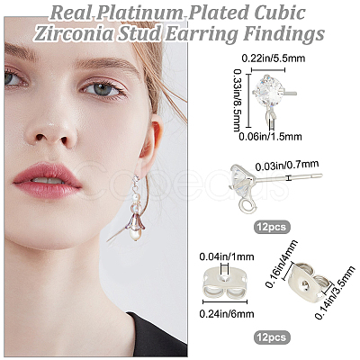 12Pcs Diamond Shape Brass Micro Clear Cubic Zirconia Stud Earring Findings KK-BBC0012-75-1