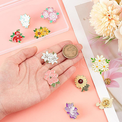 10Pcs 10 Styles Creative Flower Zinc Alloy Brooches JEWB-SC0001-47-1