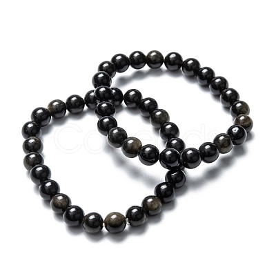 Natural Golden Sheen Obsidian Stretch Beaded Bracelets G-A185-01P-1