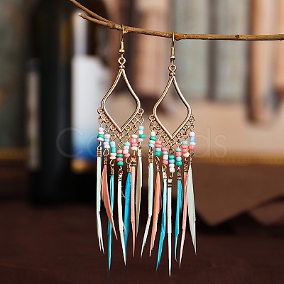 Bohemian Style Alloy Glass Seed Beaded Feather with Rhombus Chandelier Earrings FS-WG1E384-02-1