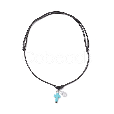Adjustable Dyed Synthetic Turquoise with Round Plastic Imitation Pearl Cross Pendant Black Waxed Polyester Cord Necklaces for Women NJEW-JN05384-01-1