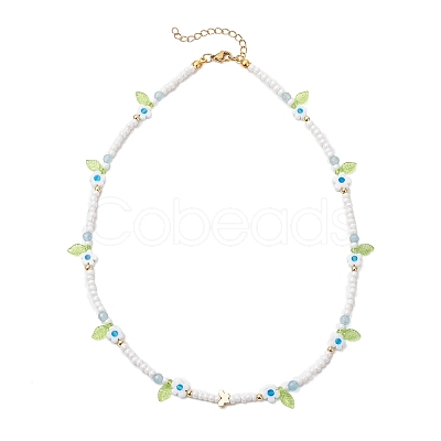 Faceted Round Dyed Natural White Jade & Flower Handmade Millefiori Glass & Glass Seed Beaded Necklaces for Women NJEW-MZ00150-03-1