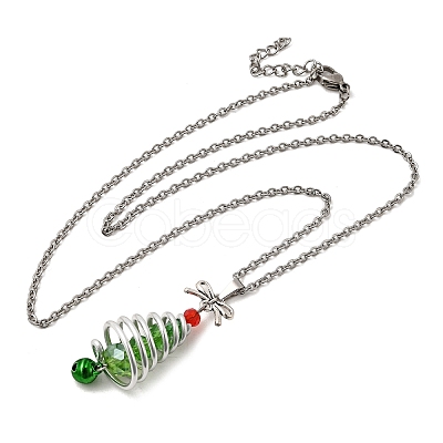 Aluminum & Green Glass Silver Christmas Tree Pendant 304 Stainless Steel Cable Chain Necklaces NJEW-JN05423-1