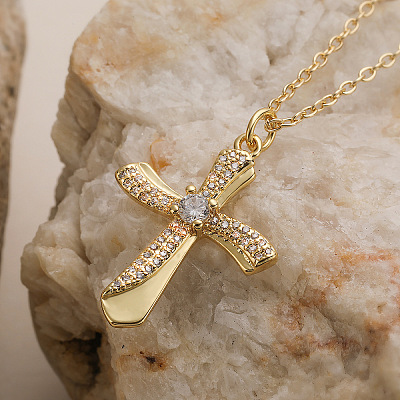 Brass Micro Pave Clear Zirconia Religion Cross Pendant Necklaces for Women WG029CE-02-1