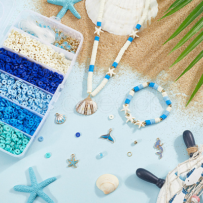 Ocean Theme DIY Disc/Flat Round Polymer Clay Beads & Alloy Enamel Charm Stretch Bracelets Making Kits DIY-SP0003-40-1