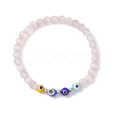 Cat Eye & Handmade Evil Eye Lampwork Round Beaded Stretch Bracelets for Women BJEW-JB12289-02-1