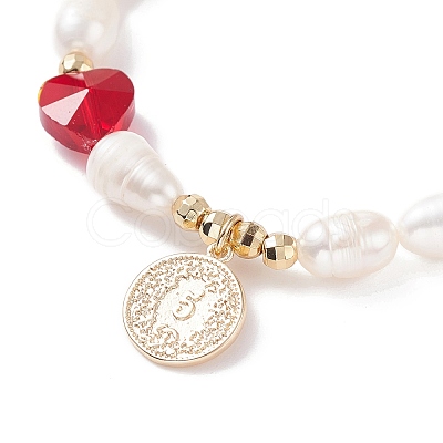 Natural Pearl & Millefiori Glass Beaded Stretch Bracelet with Heart and Coin Charm for Women BJEW-TA00060-1
