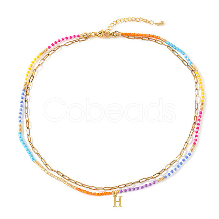 Colorful Glass Seed Beaded Initial Pendant Double Layer Necklaces QS3881-8-1