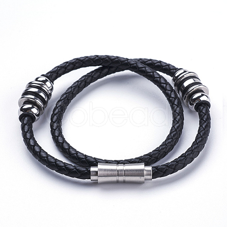 Two Loops Braided Leather Cord Wrap Bracelets BJEW-F291-17P-1