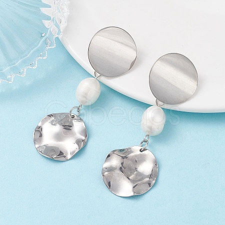 Natural Cultured Freshwater Pearl Flat Round Dangle Stud Earrings EJEW-JE06754-1