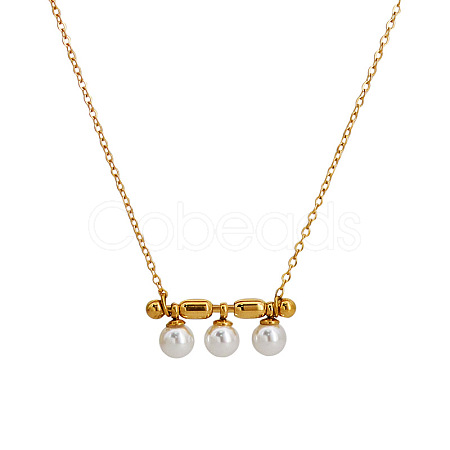Three Round Glass Pearl Horizontal Bar Pendant 304 Stainless Steel Cable Chain Necklaces for Women WG28E74-01-1