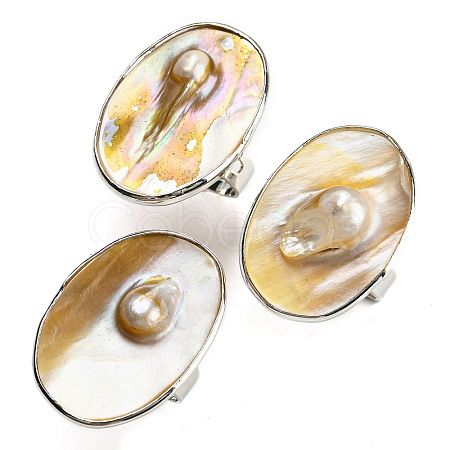 Freshwater Shell with Pearl Adjustable Finger Rings for Girl Women AJEW-Z010-03D-P-1