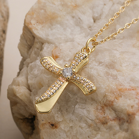 Brass Micro Pave Clear Zirconia Religion Cross Pendant Necklaces for Women WG029CE-02-1