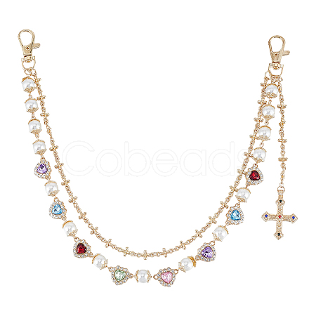 Alloy & Imitation Pearl & Colorful Acrylic Rhinestone Heart Link Double Layer Chains for Pants AJEW-ME0002-81-1