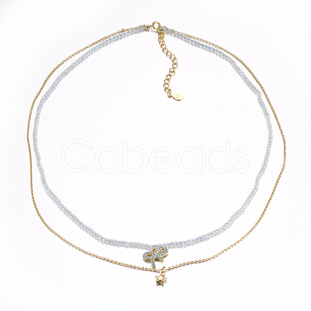 Faceted Natural Blue Topaz Tiered Necklaces NJEW-F212-10G-1