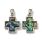 Rack Plating Brass Natural Paua Shell Pendants, Cross, Platinum, 15.5x12.5x3mm, Hole: 5X2.5mm