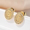 Oval with Virgin Mary Brass Micro Pave Clear Cubic Zirconia Stud Earrings EJEW-D305-10G-5