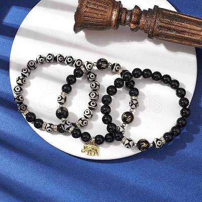 3Pcs 3 Styles 8mm Round Natural Tibetan 3-Eye dZi Agate & Eyeless Obsidian Beaded Stretch Bracelet Sets BJEW-JB10336-1