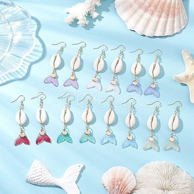 7 Pairs Natural Cowrie Shell Glass Dangle Earrings EJEW-JE06385-1