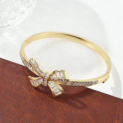 Brass Micro Pave Clear Cubic Zirconia Hinged Bangles for Women BJEW-K274-04G-1
