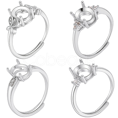 4Pcs 4 Styles Brass Micro Pave Cubic Zirconia Adjustable Rings Settings KK-BBC0024-14B-1