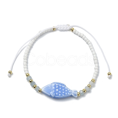 Dyed Natural Malaysia Jade & Handmade Porcelain & Seed Beaded Adjustable Bracelets for Women BJEW-JB14029-1