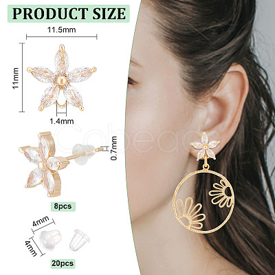 8Pcs Brass Pave Clear Cubic Zirconia Stud Earrings Finding KK-BC0011-11-1