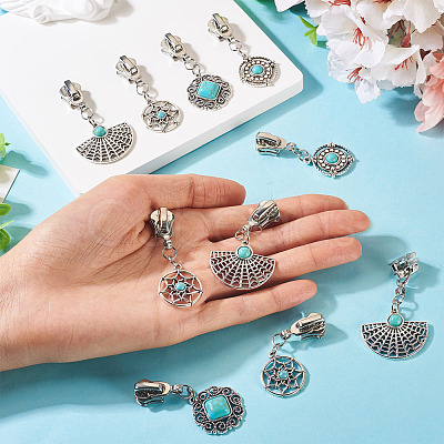 16Pcs 4 Styles Alloy with Synthetic Turquoise Zipper Pulls HJEW-TAC0098-1