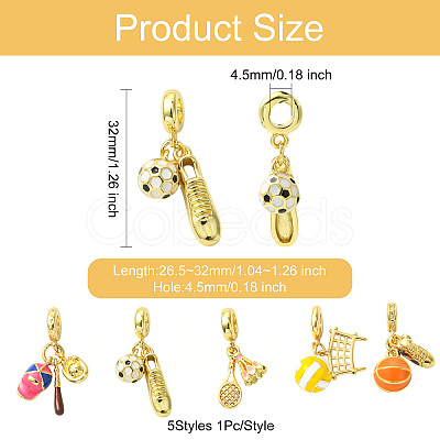 5Pcs 5 Styles Sport Ball Theme Brass Enamel European Dangle Charms KK-CJ0003-89-1