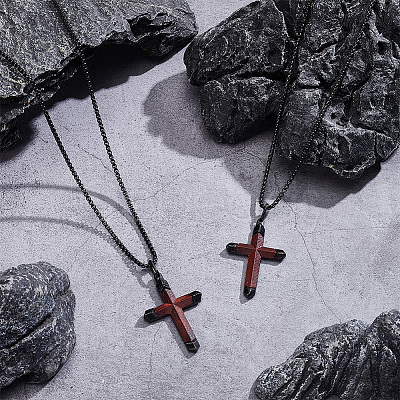 2Pcs Cross Stainless Steel & Wood Pendant Necklaces for Men NJEW-UN0001-82-1