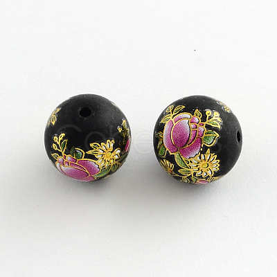 Flower Picture Frosted Glass Round Beads GFB-R004-14mm-V17-1