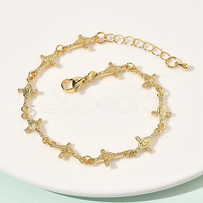 Clear Cubic Zirconia Cross with Virgin Link Chains Bracelet BJEW-G773-05G-1